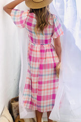 Pink Checkered Puff Sleeve Belted Midi Dress