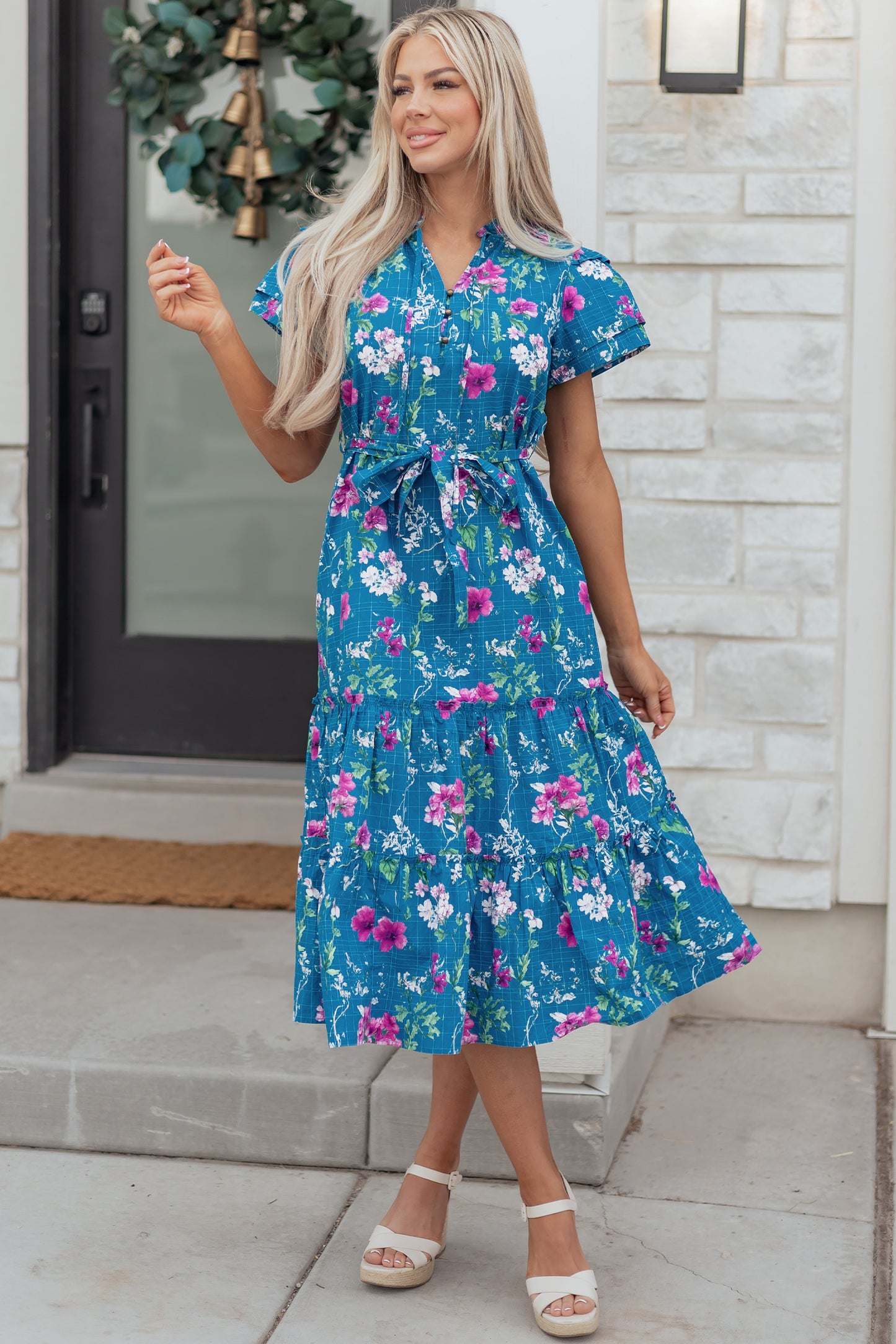 Blue Floral Flutter Sleeve Button Tie Split Neck Belted Long Dress
