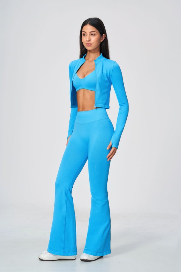 Sporty Bra& High Waisted Flare Pants with Crop Jacket Set