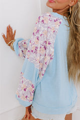 Beau Blue Textured Floral Patchwork Balloon Sleeve Blouse