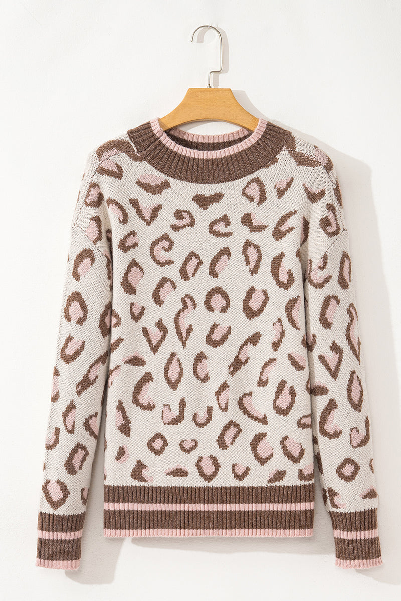 Brown Two-tone Ribbed Trim Contrast Leopard Sweater