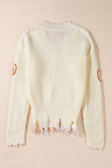 Beige Cable Knit Pumpkin Raw Hem V Neck Loose Sweater