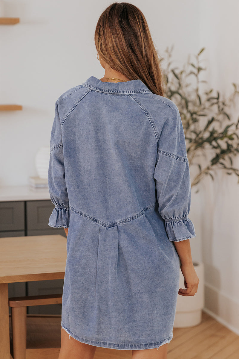 Sky Blue Buttoned Long Sleeve Denim Mini Dress