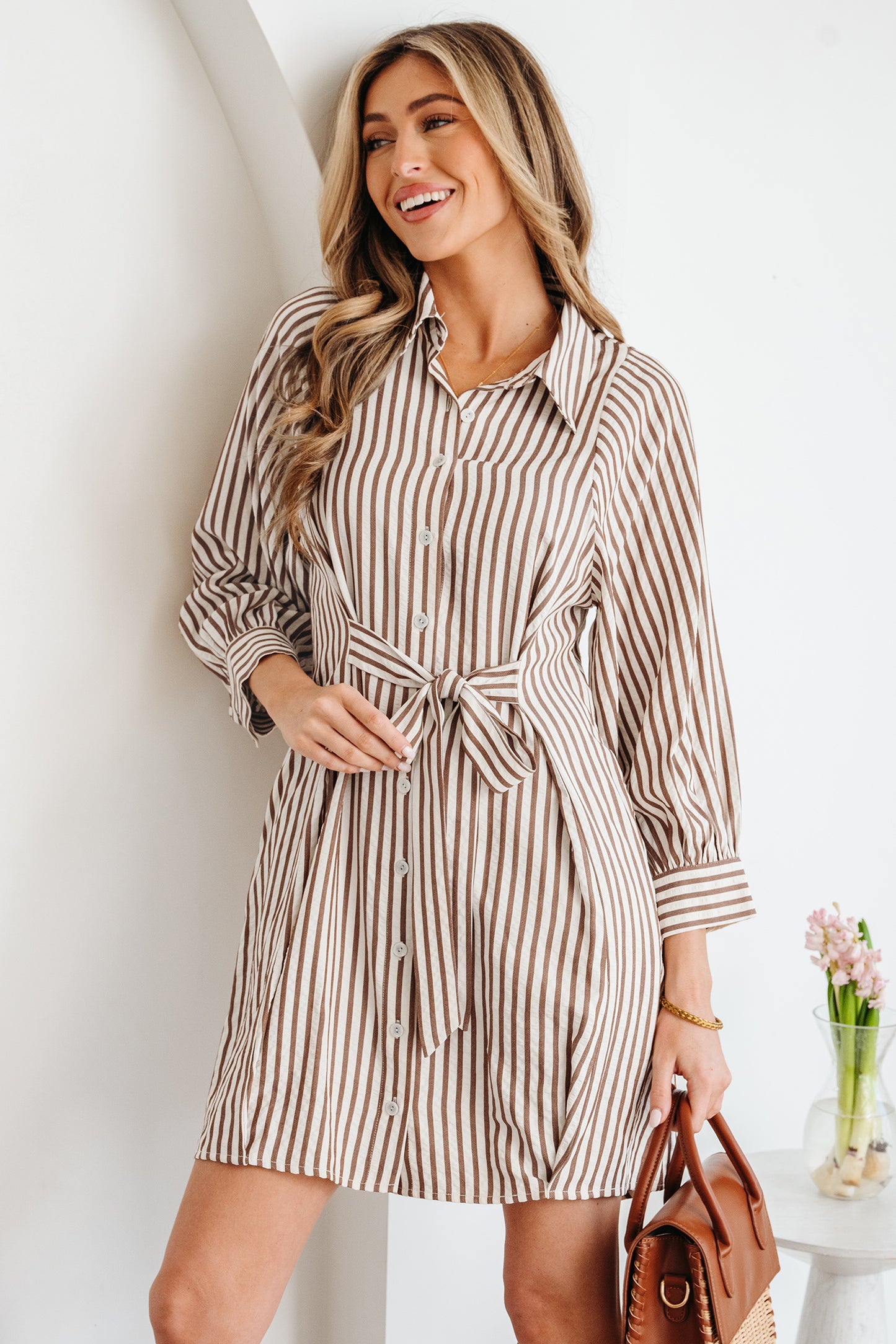 Brown Stripe Knot Waist Puff Sleeve Button Down Mini Shirt Dress