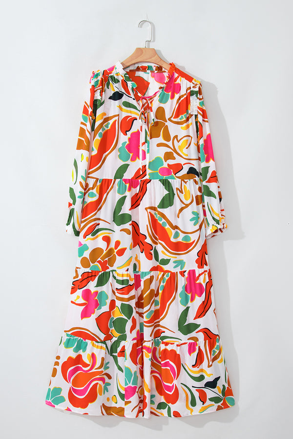 Orange Floral Print Drawstring V Neck Tiered Plus Size Dress