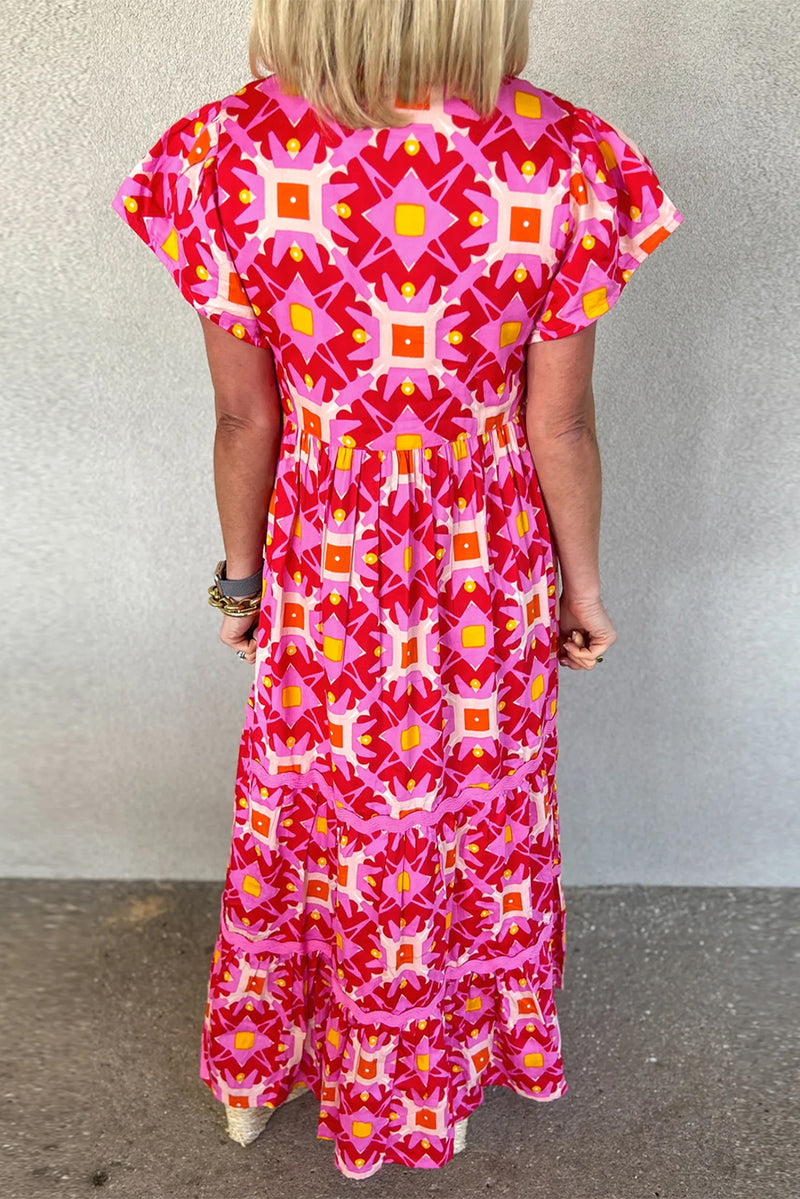 Strawberry Pink Geo Print V-neck Maxi Dress