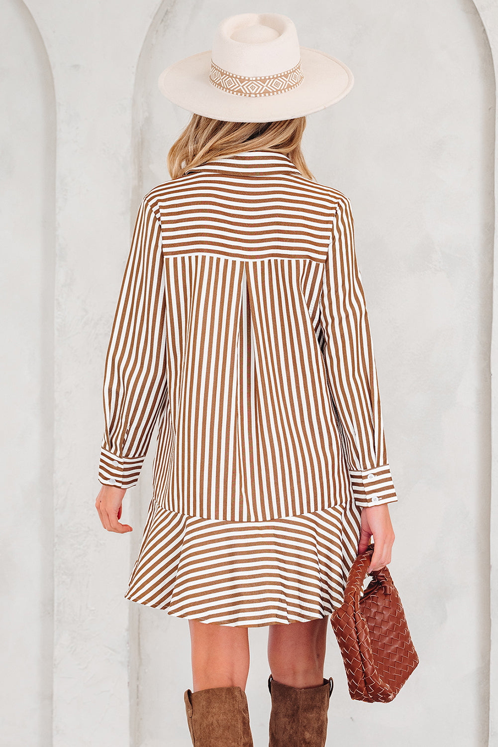 Brown Stripe Ruffled Hem Collared Long Sleeve Shirt Mini Dress