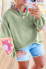 Smoke Green Flower Patchwork Raglan Sleeve Exposed Seam Oversized Top