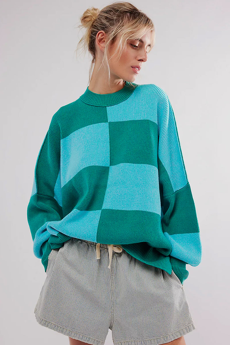 Green Checkered Side Slits Drop Shoulder Oversized Sweater