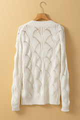 Beige Hollow Out Knit V Neck Drop Shoulder Sweater