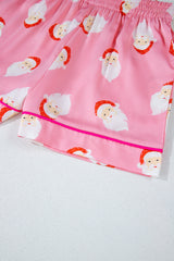 Pink Christmas Santa Claus Print Satin Shirt and Shorts Set