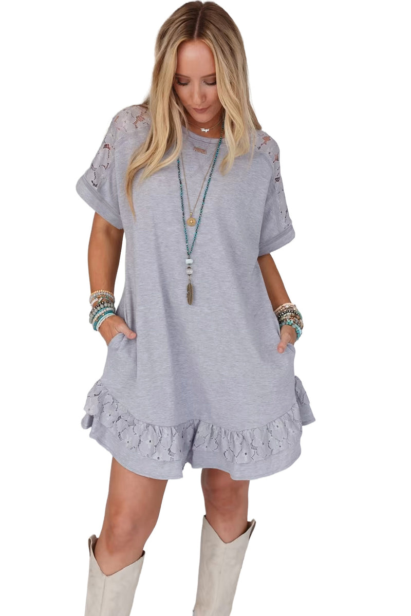 Light Grey Lace Floral Patchwork Ruffled T-shirt Dress