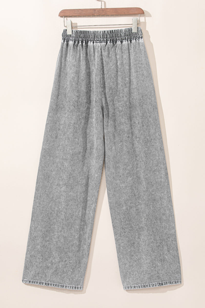 Medium Grey Drawstring Elastic Waist Wide Leg Jeans