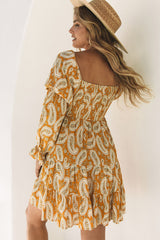 Yellow Boho Paisley Long Sleeve Floral Dress