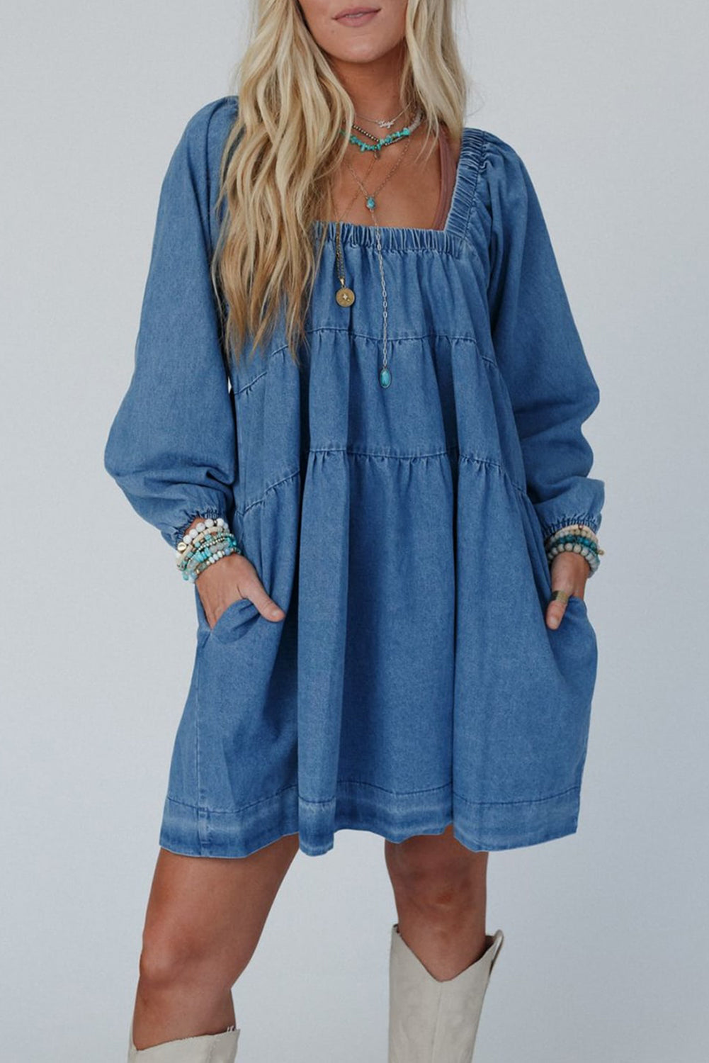 Dusk Blue Square Neck Side Pockets Loose Fit Denim Mini Dress