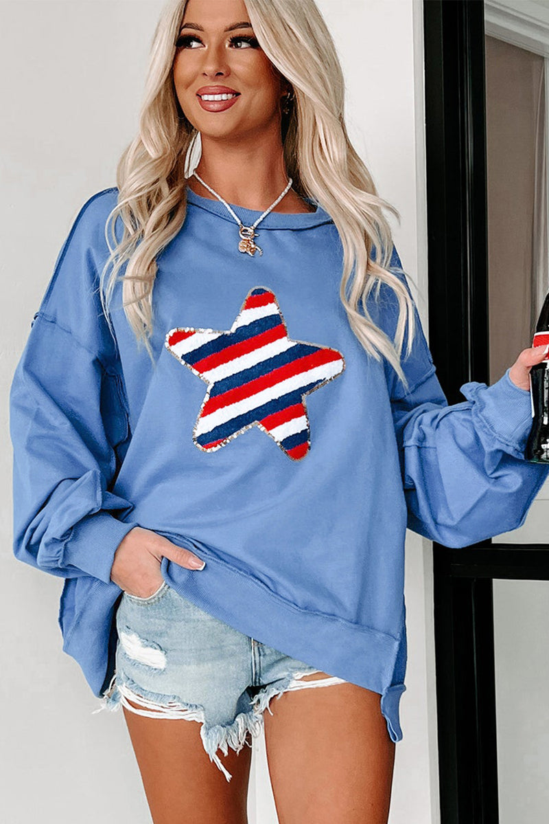 Sky Blue Sequin Trim Embroidered Star USA Pattern Sweatshirt