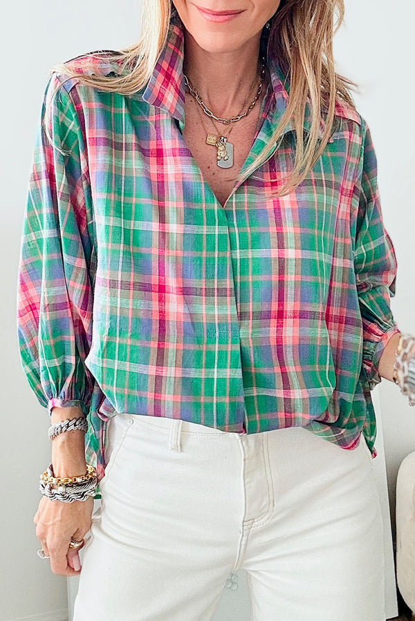 Green Checkered 3/4 Sleeve Collared Loose Fit Shirt