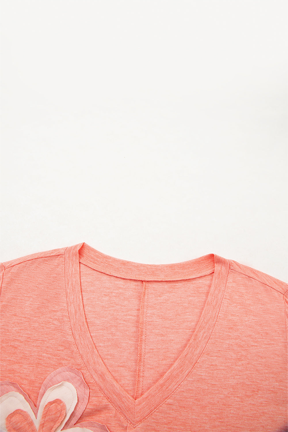 Fresh Salmon Floral Patchwork V Neck Long Sleeve T Shirt