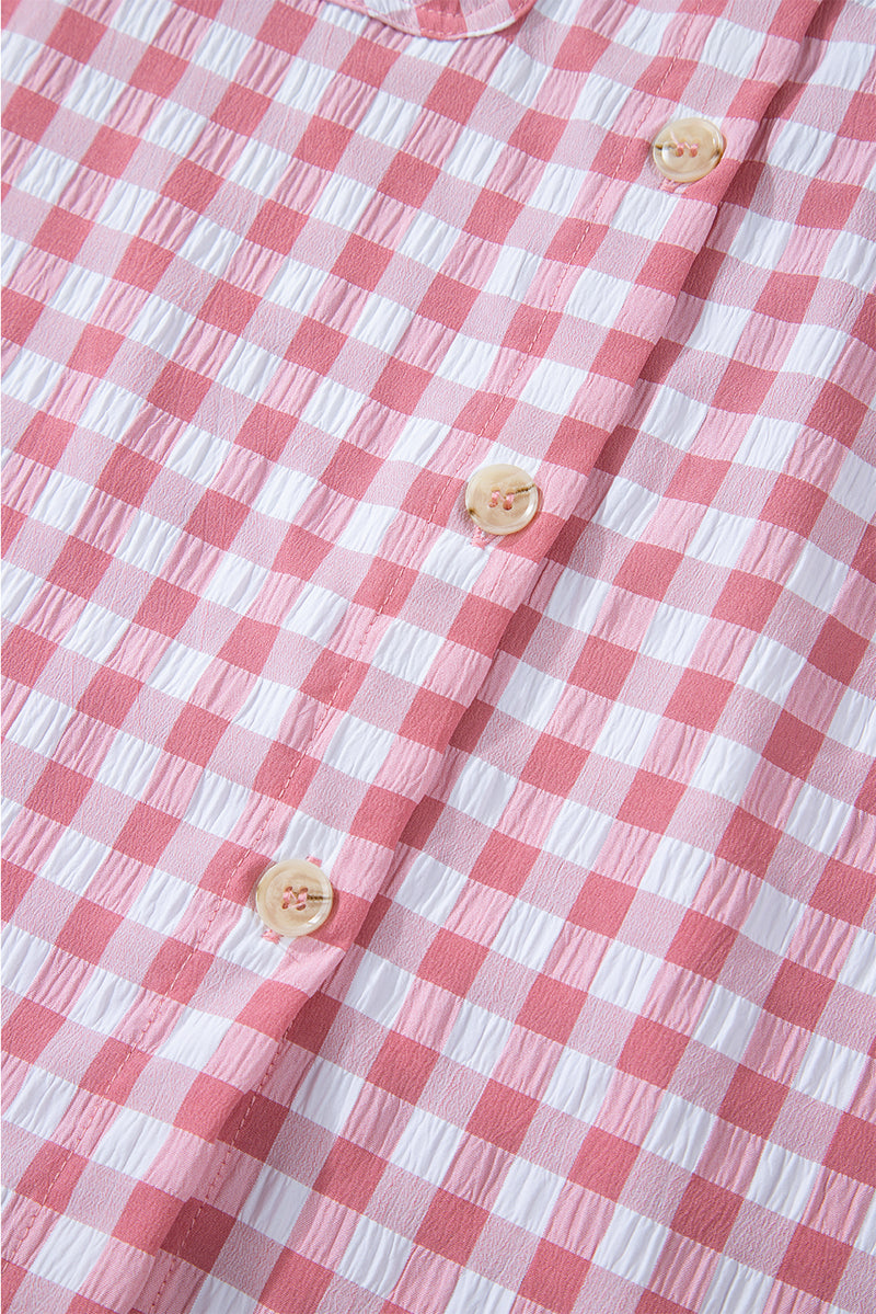 Pink Gingham Print Chest Pockets Buttoned Collared Shirt