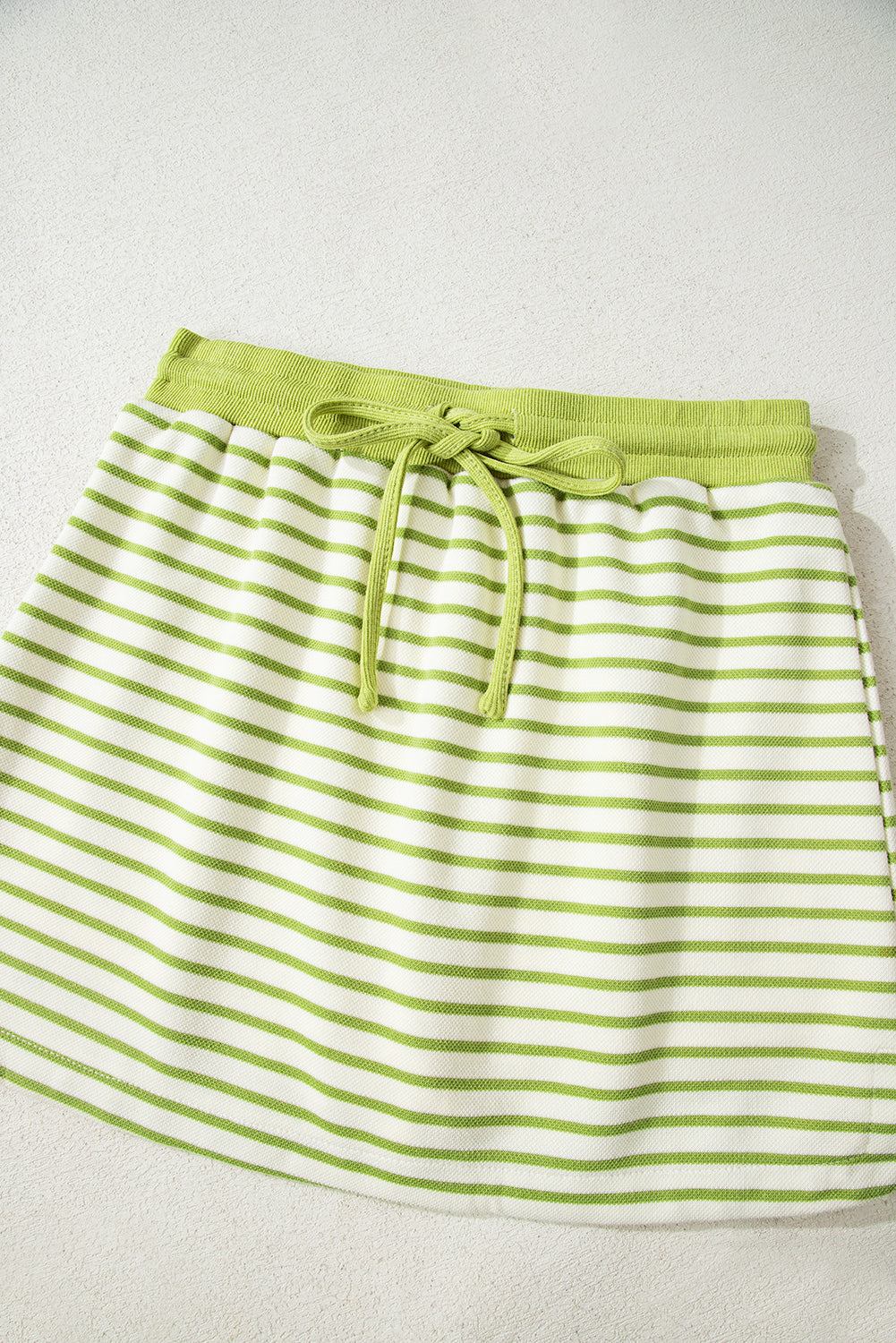 Green Stripe Collared V Neck Drop Shoulder Pullover and Skort 2pcs Outfit