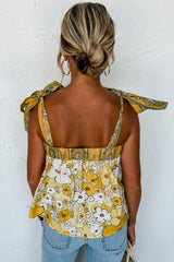 Yellow Floral Patchwork Tied Straps Buttoned Tank Top