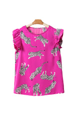 Rose Tiger Pattern Flutter Sleeve Crew Neck Blouse