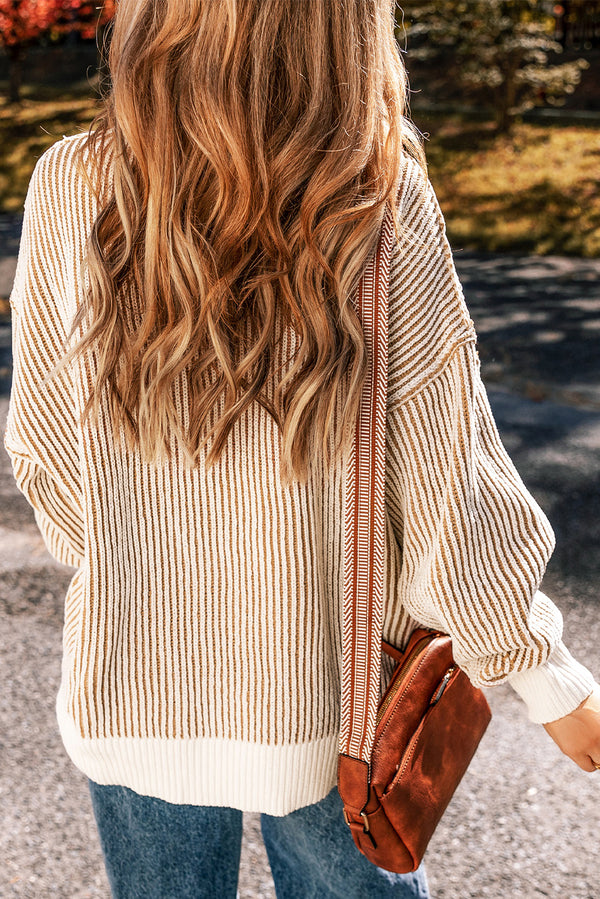 Chestnut Striped Textured Knit Contrast Edge Loose Sweater