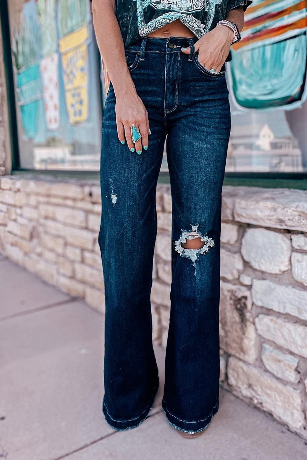 Real Teal High Rise Ripped Bell Bottom Jeans