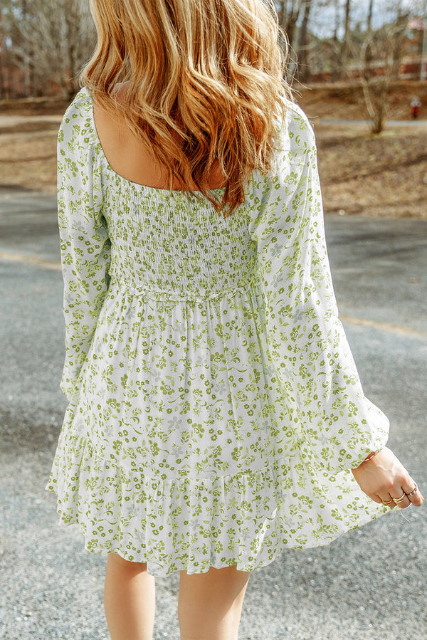 Pear Green Boho Floral Smocked Puff Sleeve Mini Dress