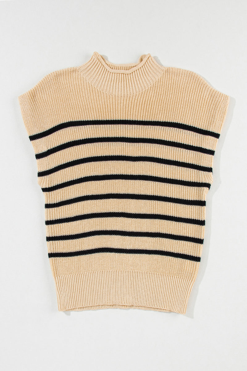 Parchment Striped Ribbed Knit High Neck Sweater