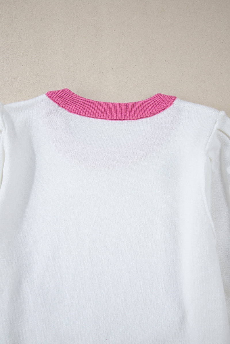 Pink Sequin Rugby Color Block Puff Short Sleeve Sweater