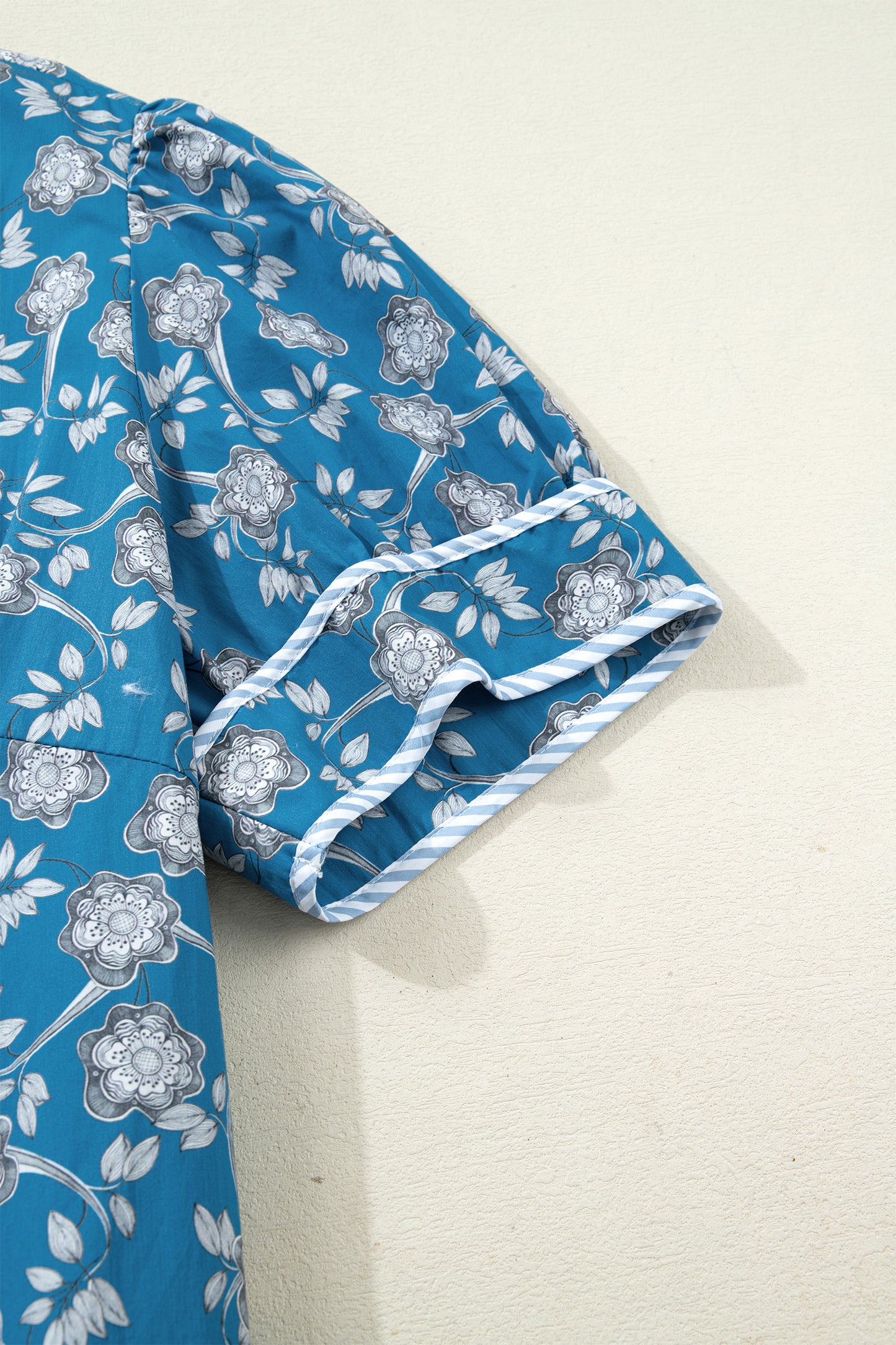 Blue Plus Size Floral Print Striped Patchwork Detail Button Front Ruffle Hem Dress