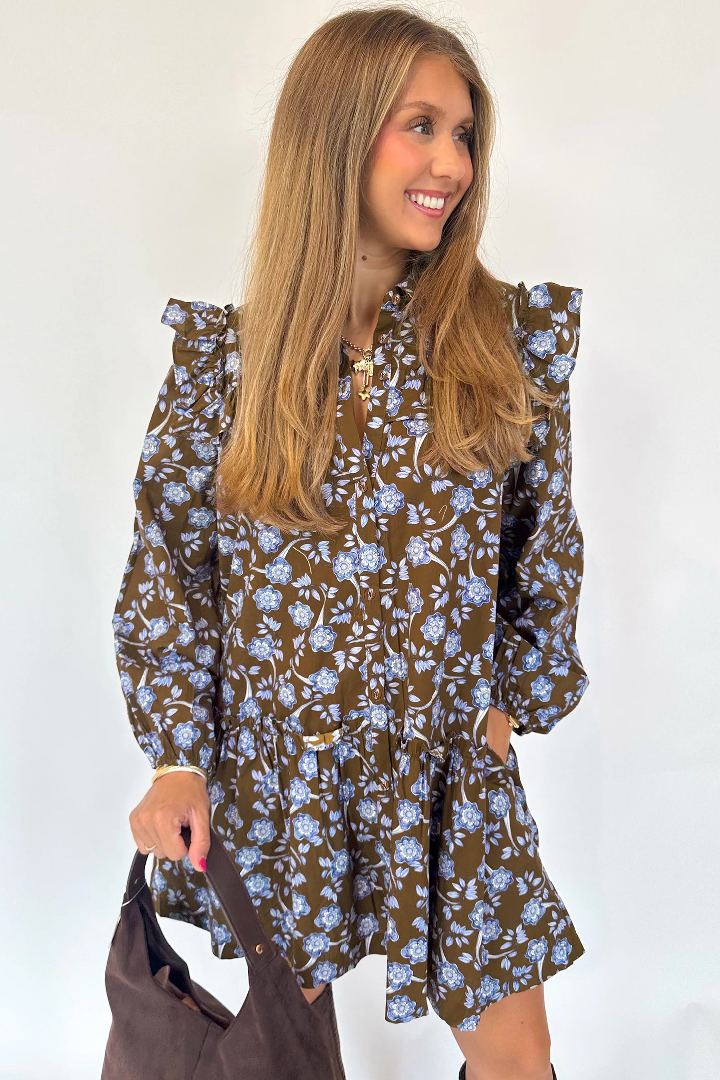 Brown Floral Print Ruffled Detail Shirt Collar Button Down Long Sleeve Dress