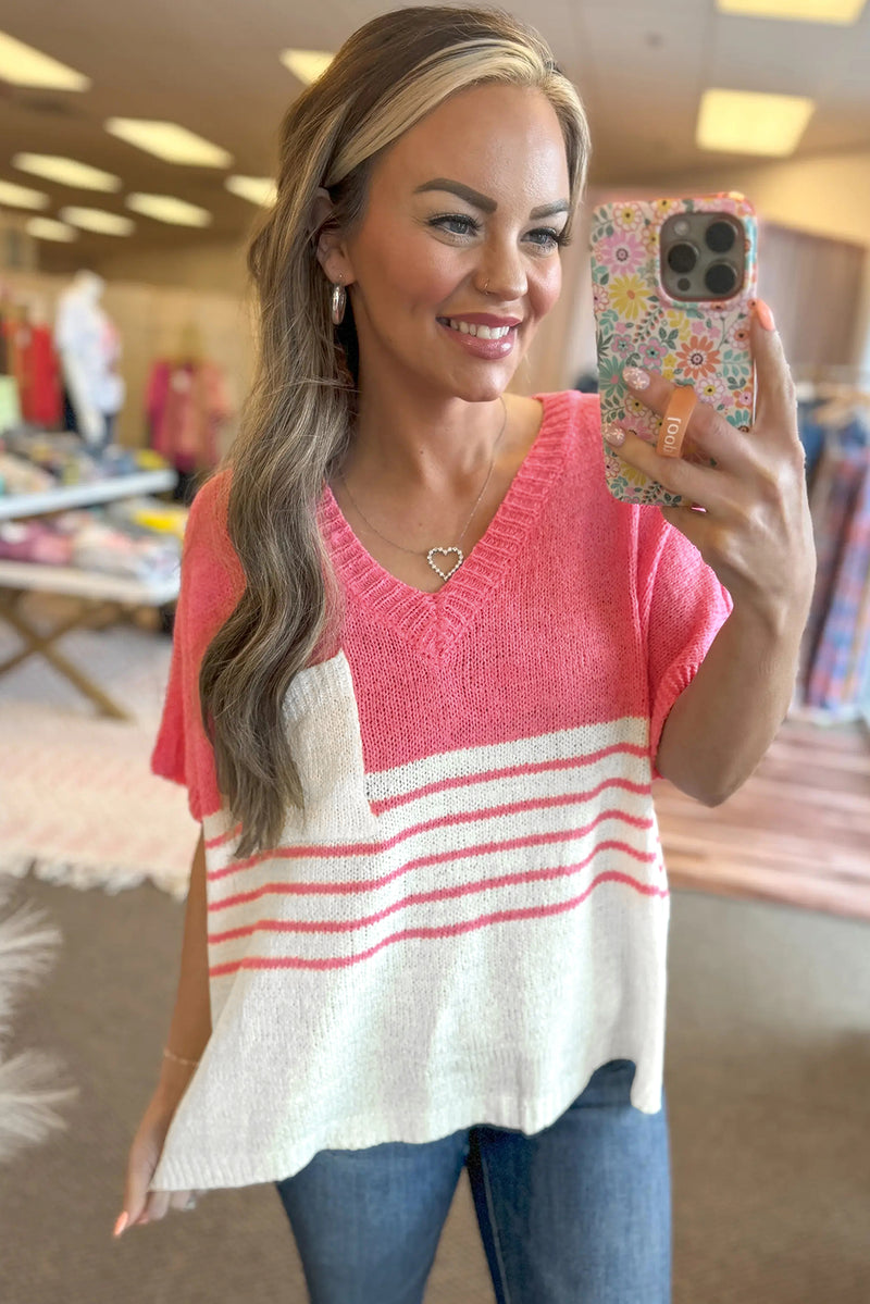 Strawberry Pink Contrast Stripes V Neck Knitted Short Sleeve Top