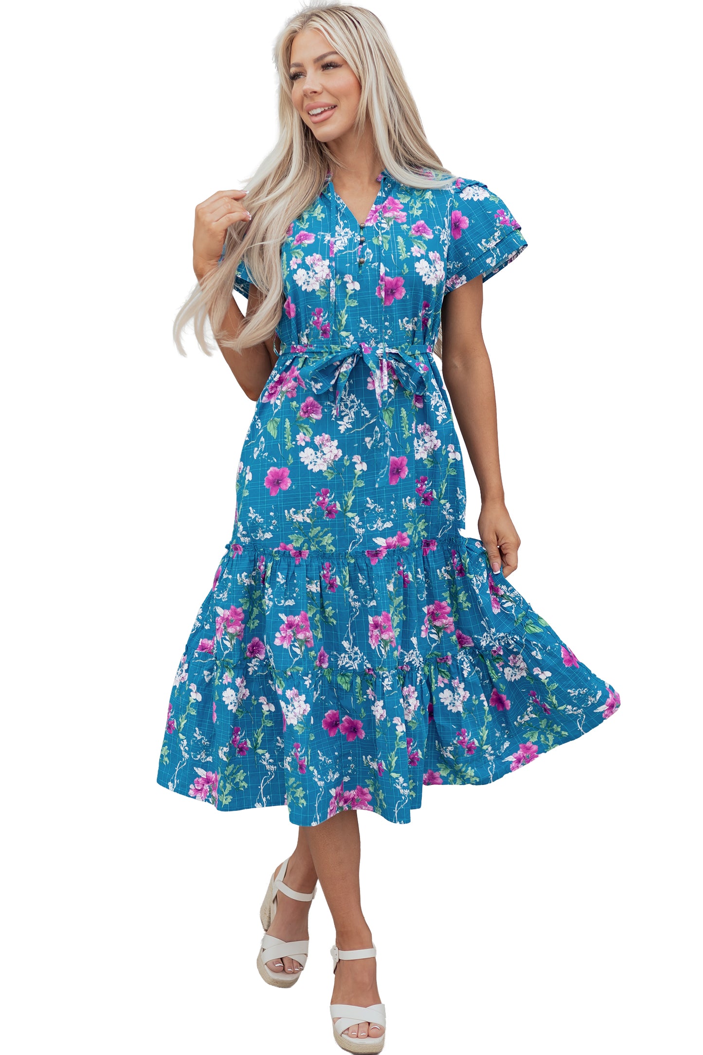 Blue Floral Flutter Sleeve Button Tie Split Neck Belted Long Dress