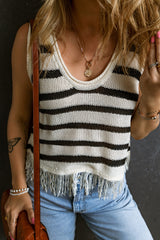 Beige Stripe Loose Knit Fringe Tank Top