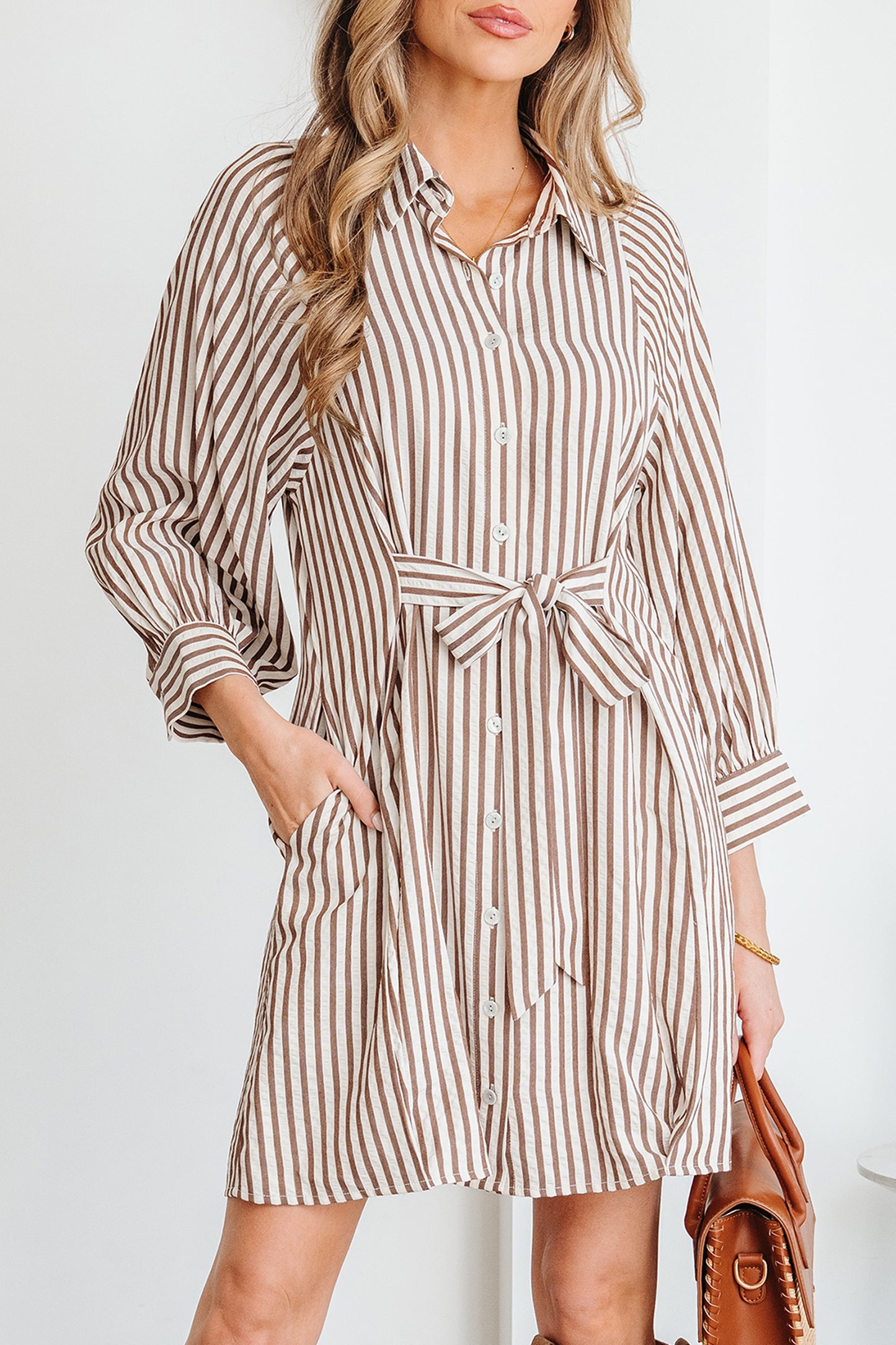 Brown Stripe Knot Waist Puff Sleeve Button Down Mini Shirt Dress