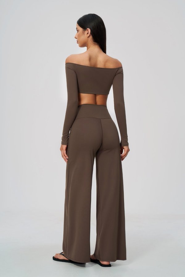 Off-Shoulder Long Sleeve Crop Top and High Waisted Wide Leg