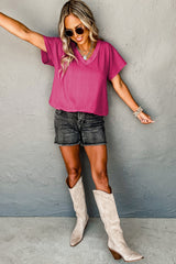 Bright Pink Crinkled V Neck Wide Sleeve T-shirt