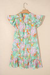 Green Abstract Floral Ruffle Trim Flutter Sleeve Buttoned Dress