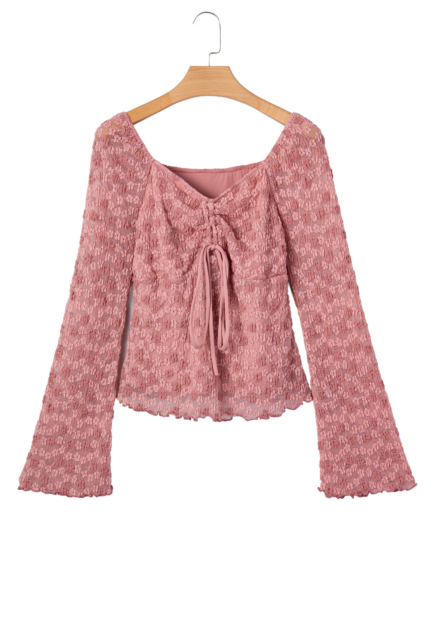 Peach Blossom Drawstring Knot Detail Floral Lace Blouse