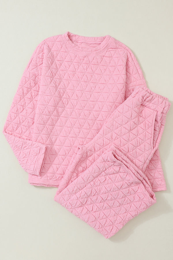 Pink Solid Quilted Pullover and Pants Outfit