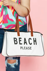 White BEACH PLEASE Print Large Canvas Tote Bag