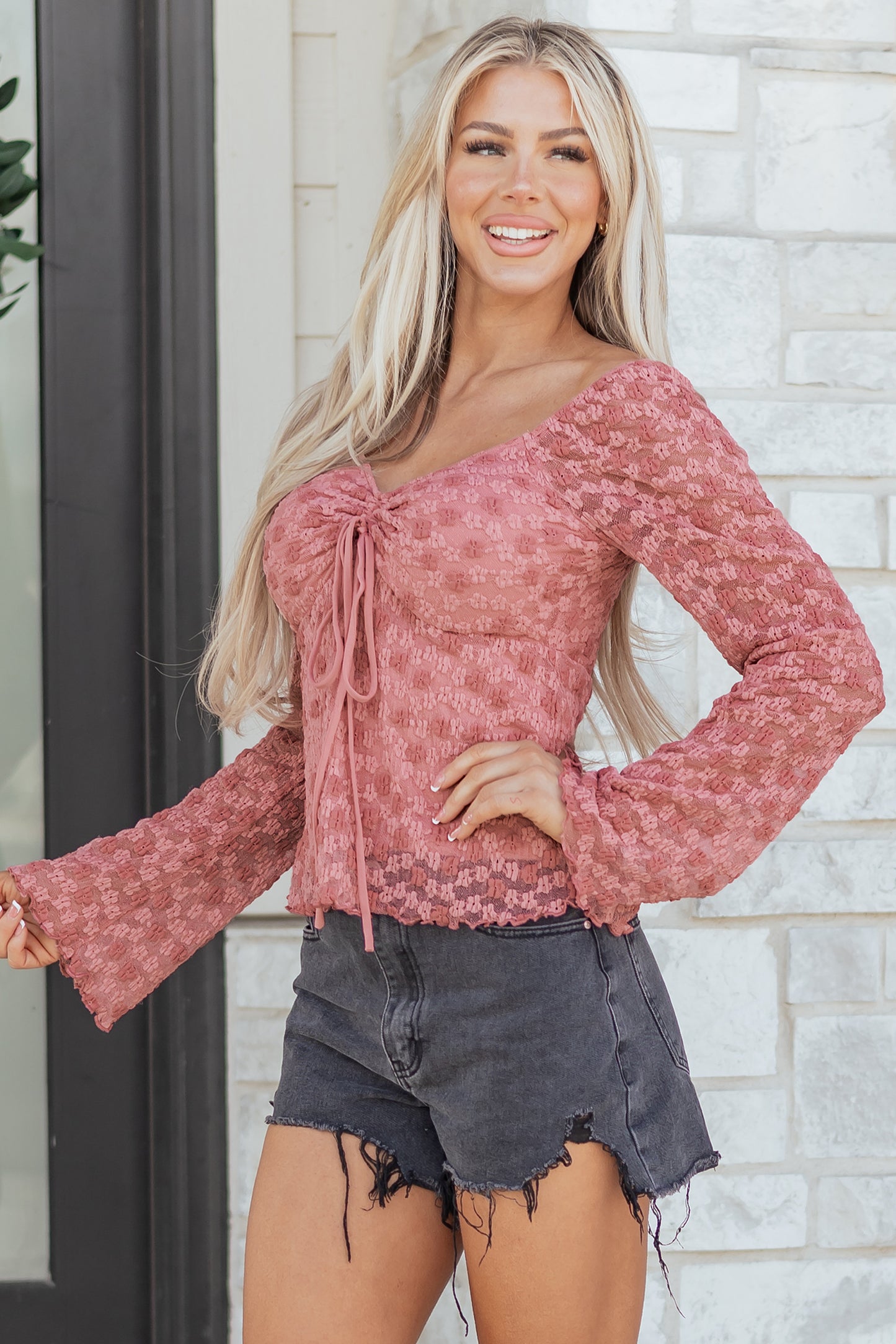 Peach Blossom Drawstring Knot Detail Floral Lace Blouse
