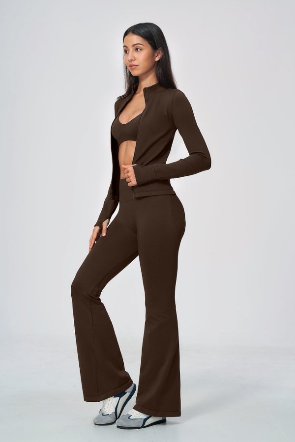 Sporty Bra& High Waisted Flare Pants with Crop Jacket Set