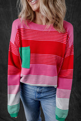 Rose Striped Knit Patch Pocket Drop Shoulder Sweater