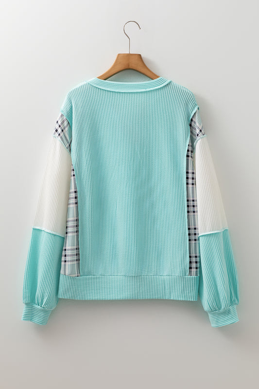 Aruba Blue Corded Texture Colorblock Patchwork Split Neck Long Sleeve Top