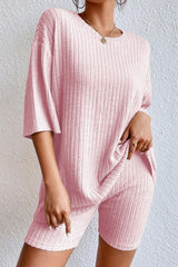 Pink Plain Ribbed Loose Fit Two Piece Lounge Set