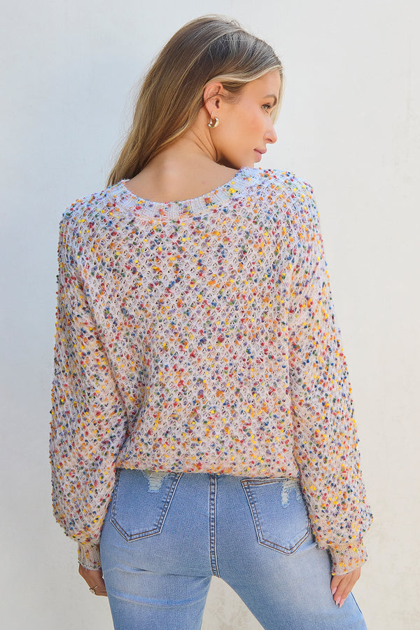 White Confetti Knit Popcorn Sweater Top