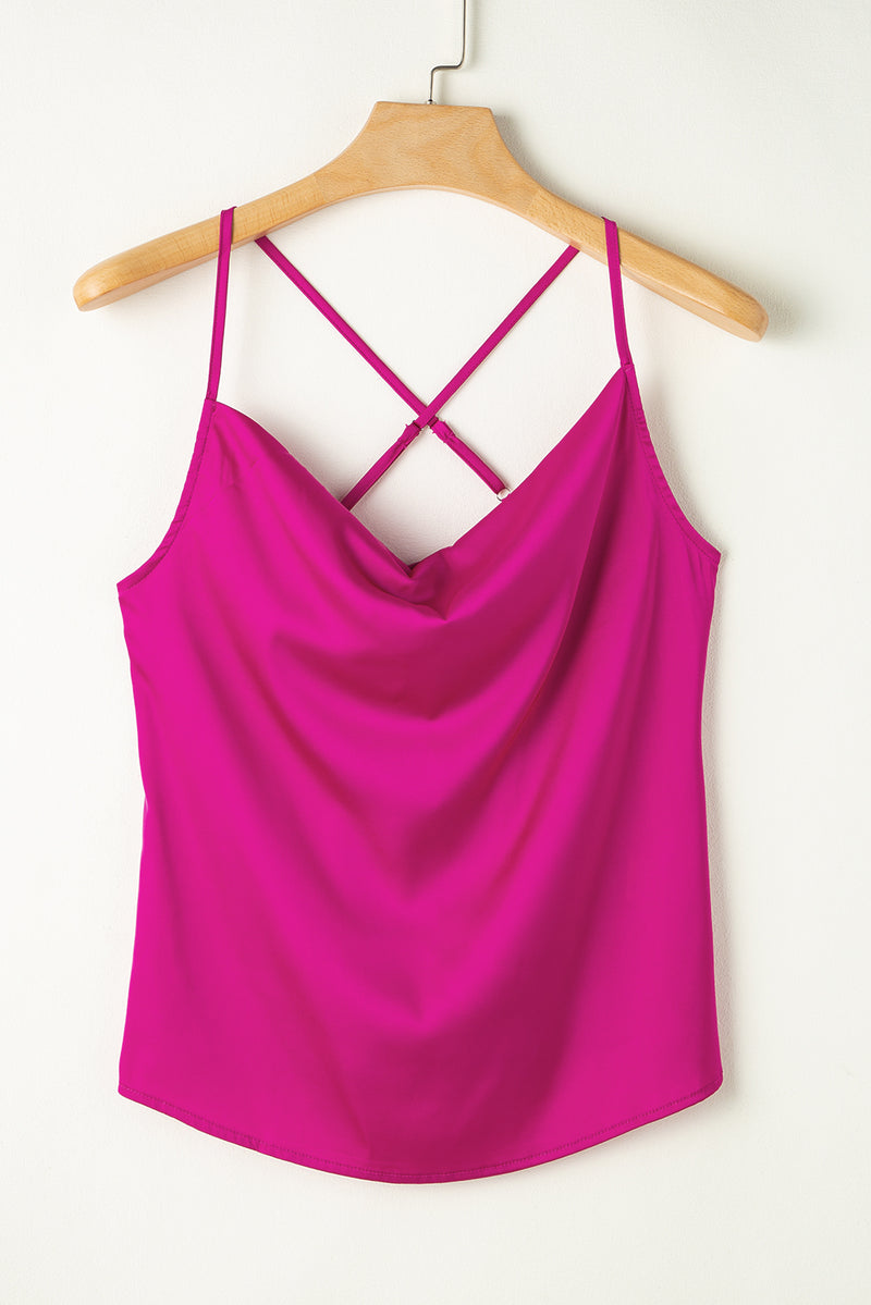 Rose Red Cowl Neck Spaghetti Strap Criss Cross Satin Tank Top